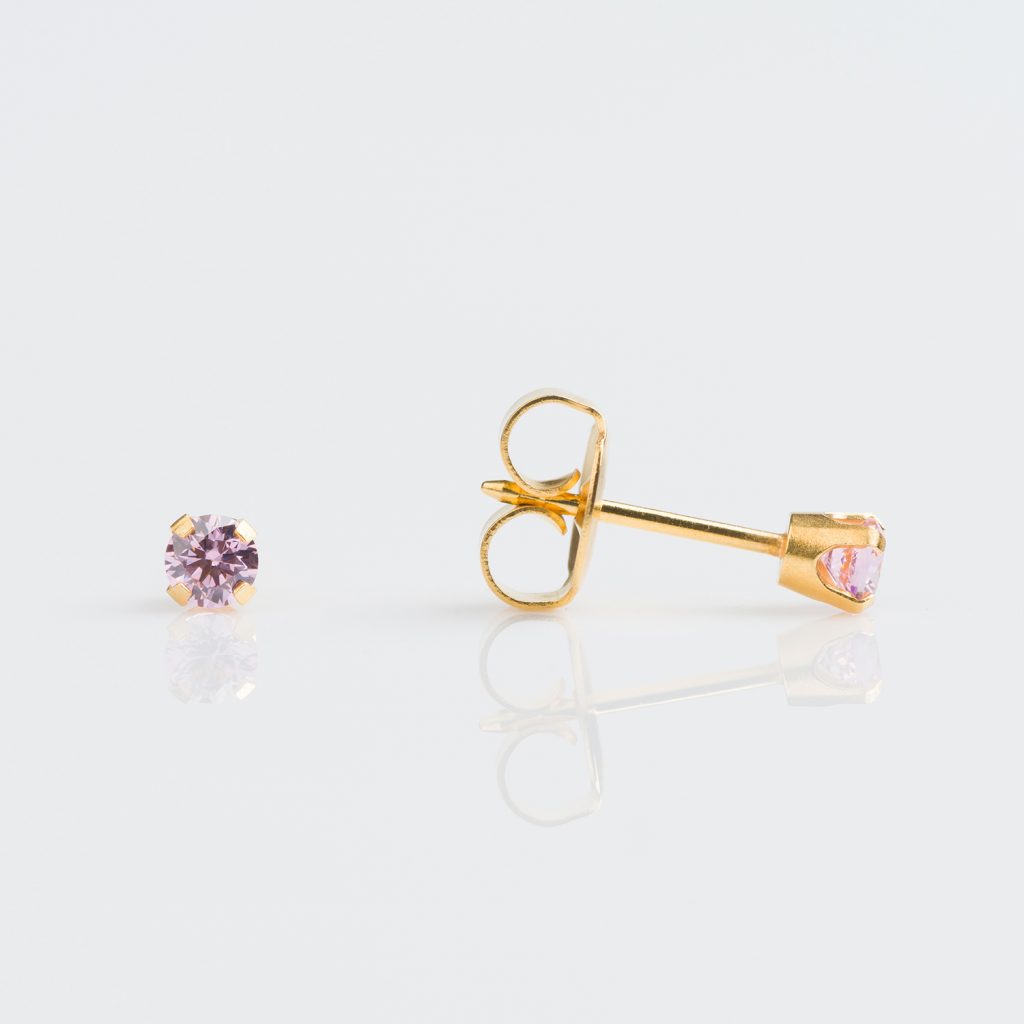 Studex 9Ct Gold TIFF. 3mm Pink Cubic Zirconia Piercing Earrings