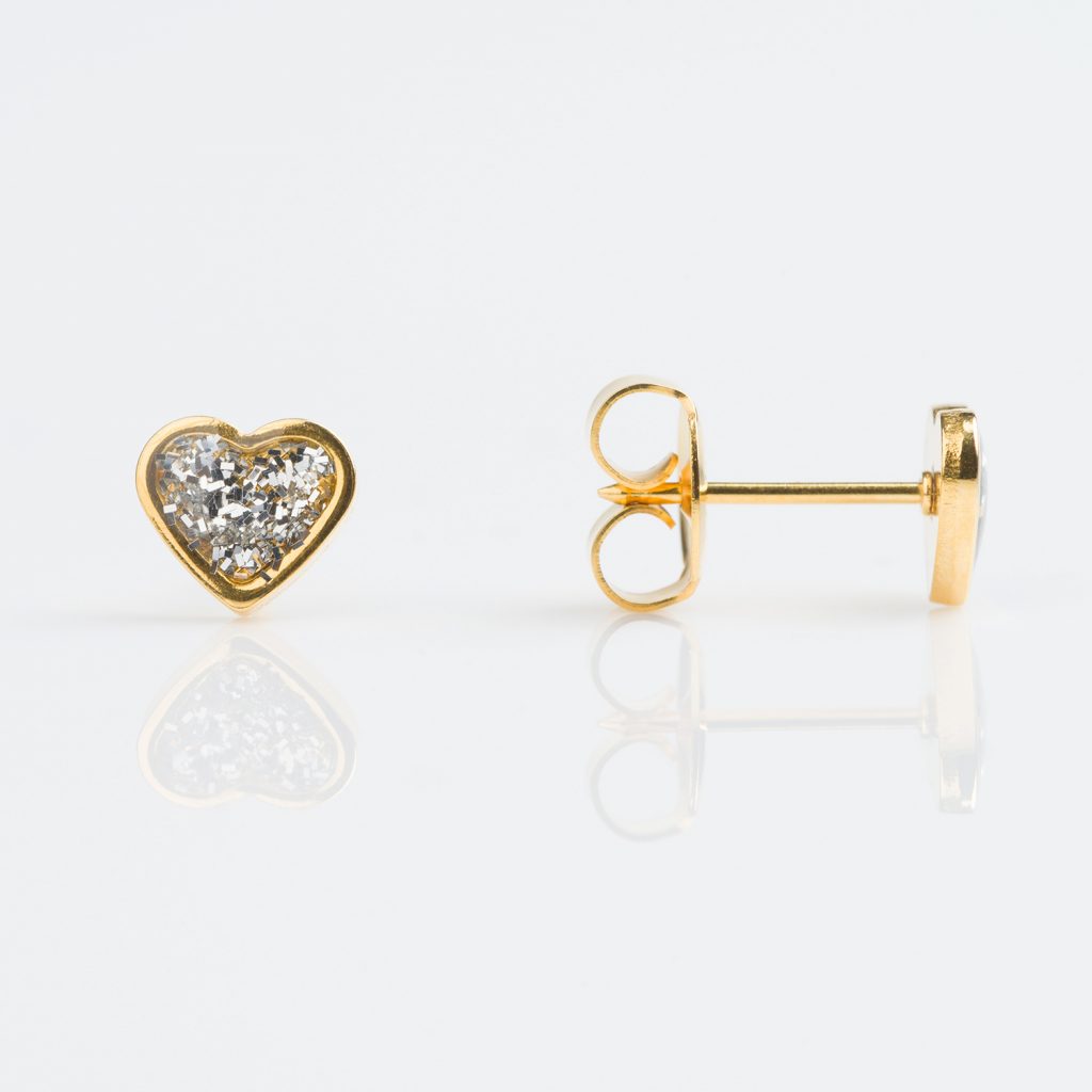 Studex Gold Plated Clear Glitter Heart Piercing Earrings