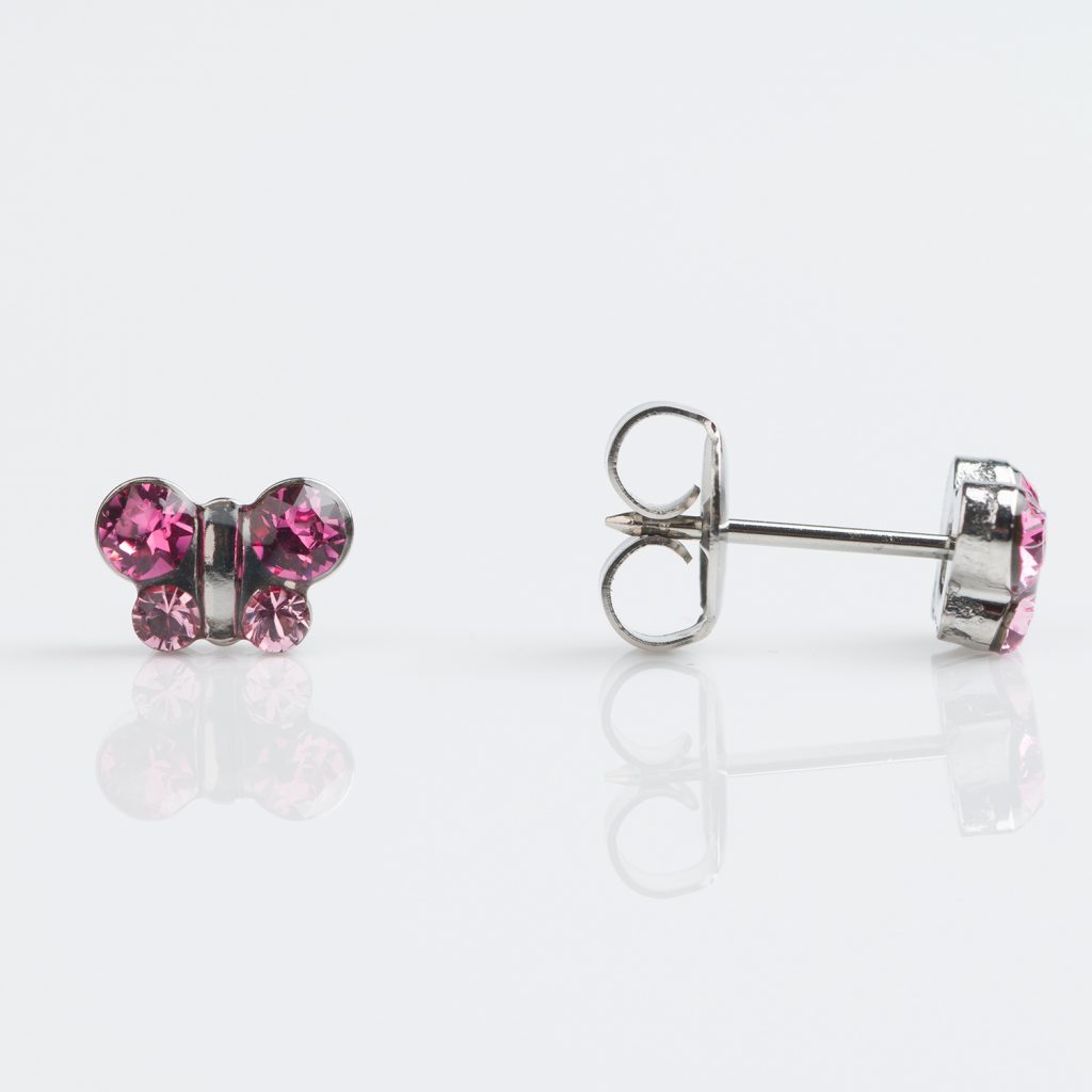 Studex Stainless Pink Crystal Butterfly Piercing Earrings