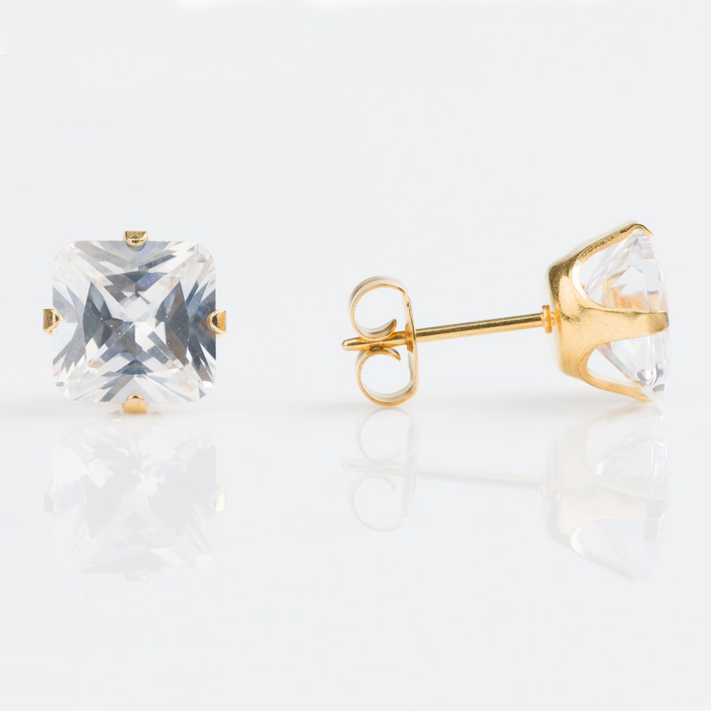 Studex Gold Plated TIFF. 8mm Cubic Zirconia Princess Cut Earrings