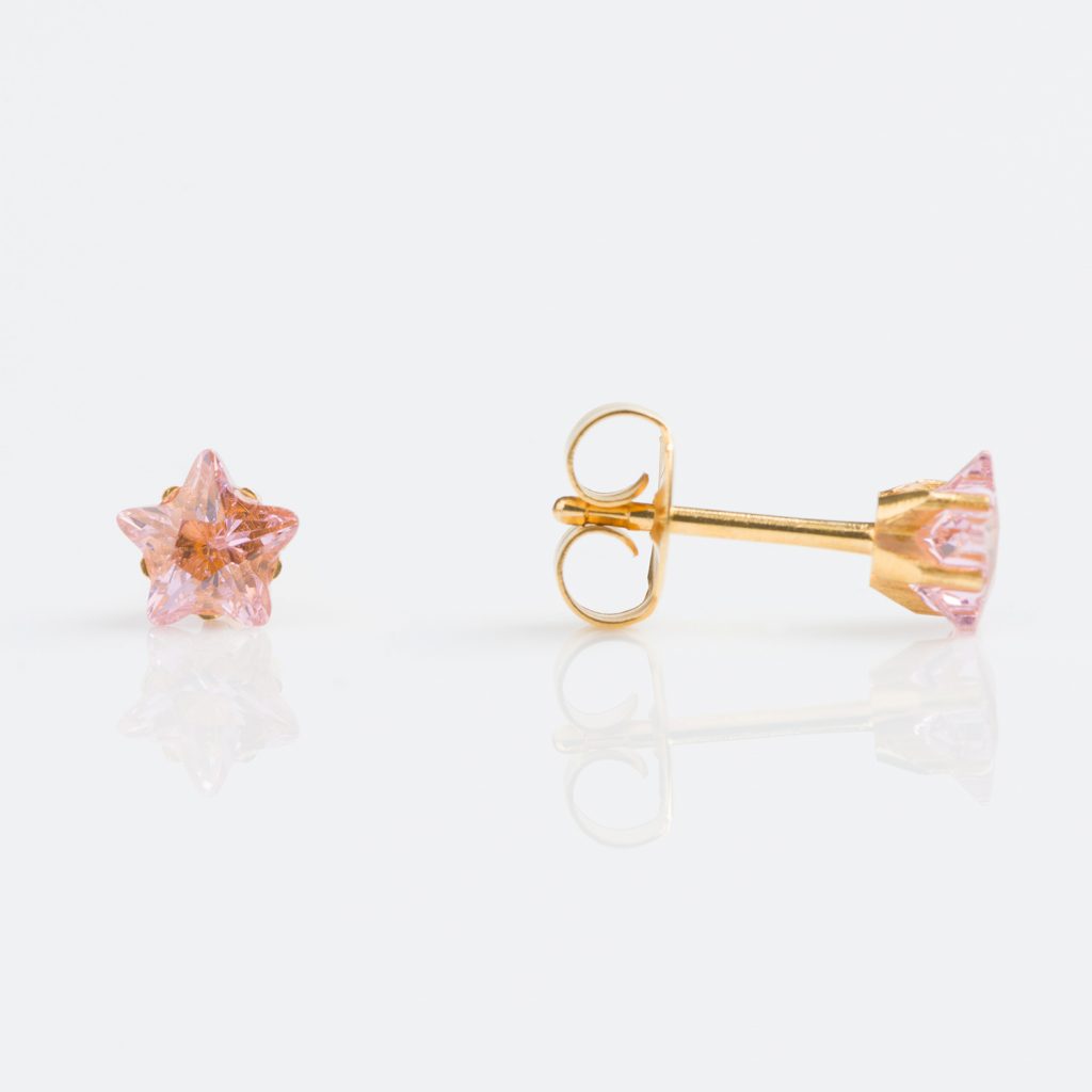 studex sensitive cubic zirconia cz Gold Plated Tiff. 5mm Pink Star Cut Stud Earrings
