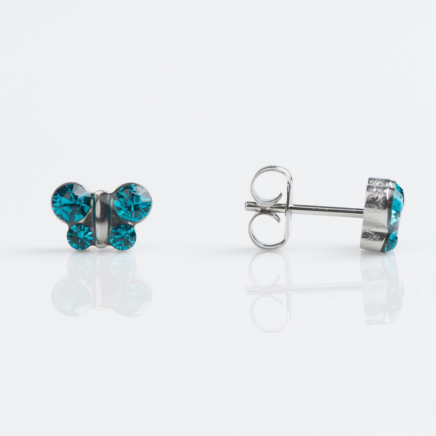 Beautiful pair of Hypoallergenic Studex Sensitive Butterfly Stud Earrings Stainless Steel December Blue Zircon, that are great for sensitive ears.