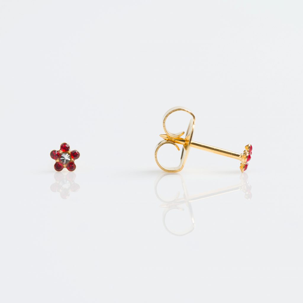 Studex Gold Plated Baby Daisy July Ruby Crystal Short Post Earrings