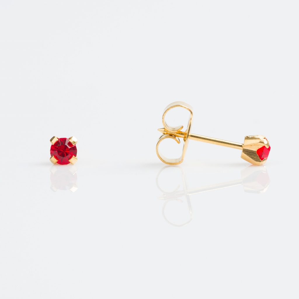 Studex Tiny Tips Gold Plated Tiff. 3mm birthstone gold plated childrens hypoallergenic July Ruby Stud Earrings