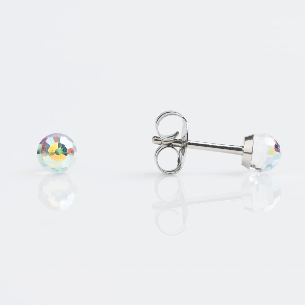 hypoallergenic Studex Tiny Tips Crystal Ball Stainless 4mm Ab/Rainbow  Earrings