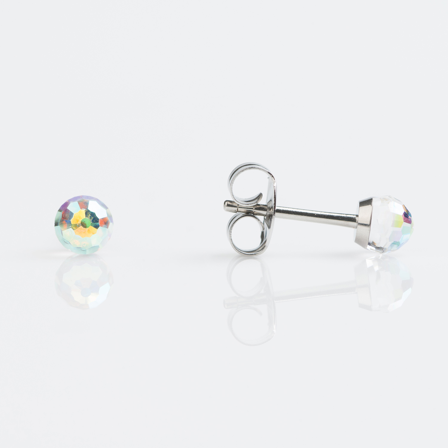TT-315W – hypoallergenic Studex Tiny Tips Crystal Ball Stainless 4mm Ab/Rainbow  Earrings