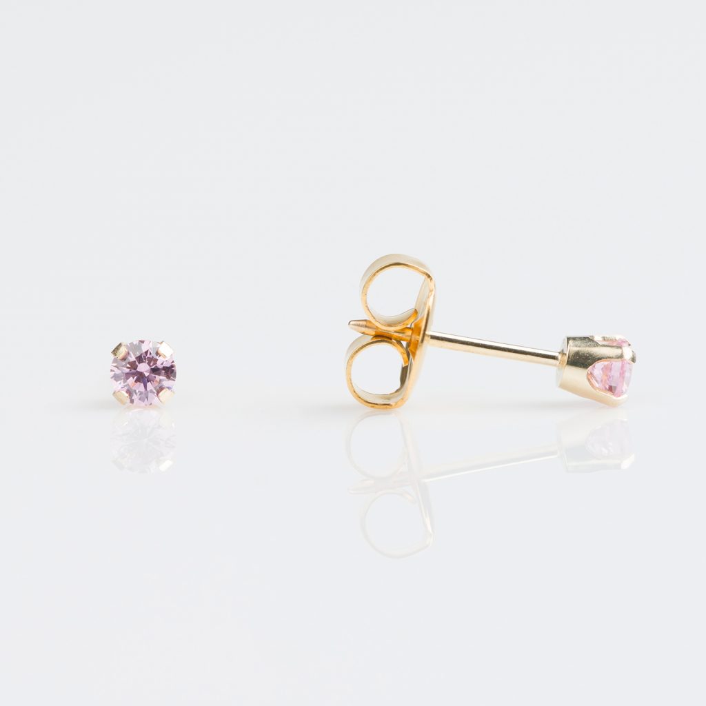 Studex Tiny Tips Gold Plated Tiff. 3mm Pink Cubic Zirconia Stud Earrings