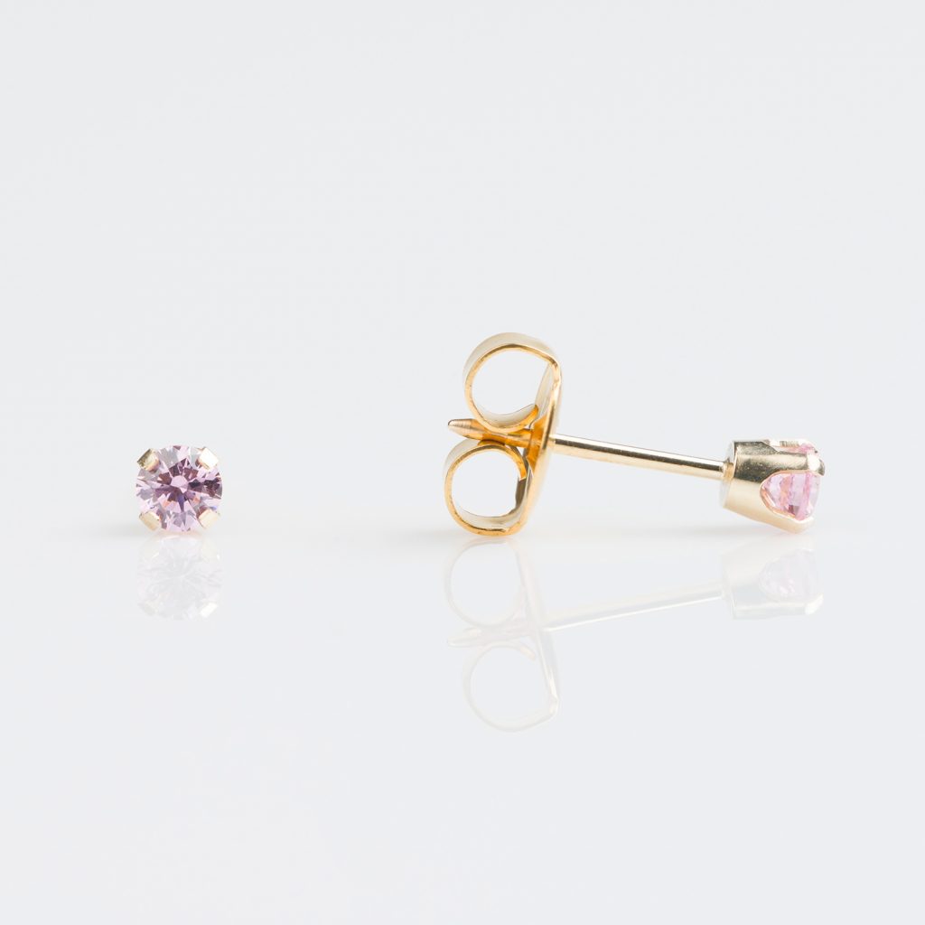 Studex 14Ct Gold Tiff. 3mm October Pink Cubic Zirconia Piercing Earrings