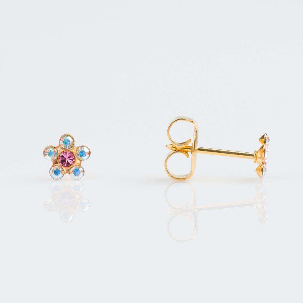 Studex Gold Stone Daisy Ab Crystal Rose Piercing Earrings