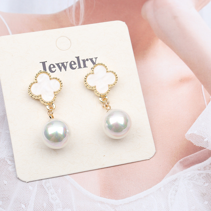 YK Beauty Gold Plated Four leaf pearl White Earrings