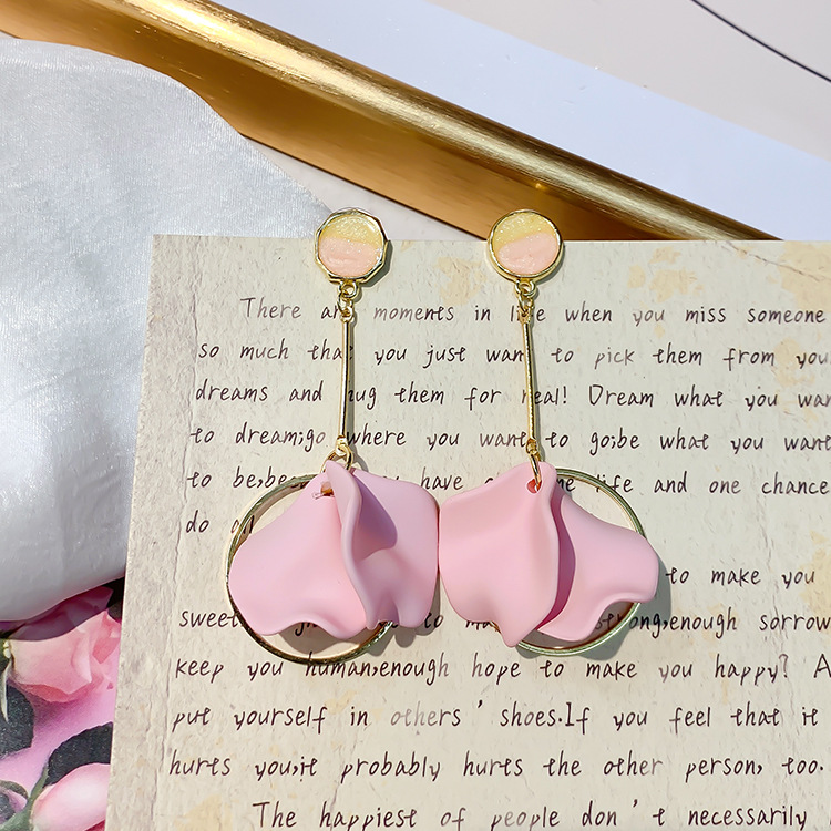 YK Beauty Pink flower – Gold Plate Extra drop Long flower Earring