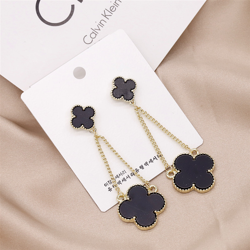 YK Beauty 18K Gold Plated Statement four leaf Clover Black Earrings