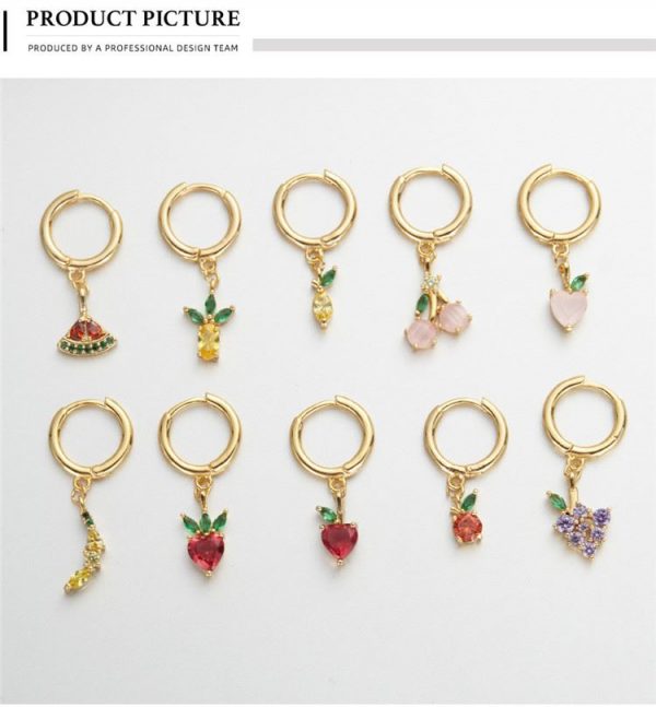 18k Gold Filled Zircon Dangle Earrings Fruit Small Hoop Earrings