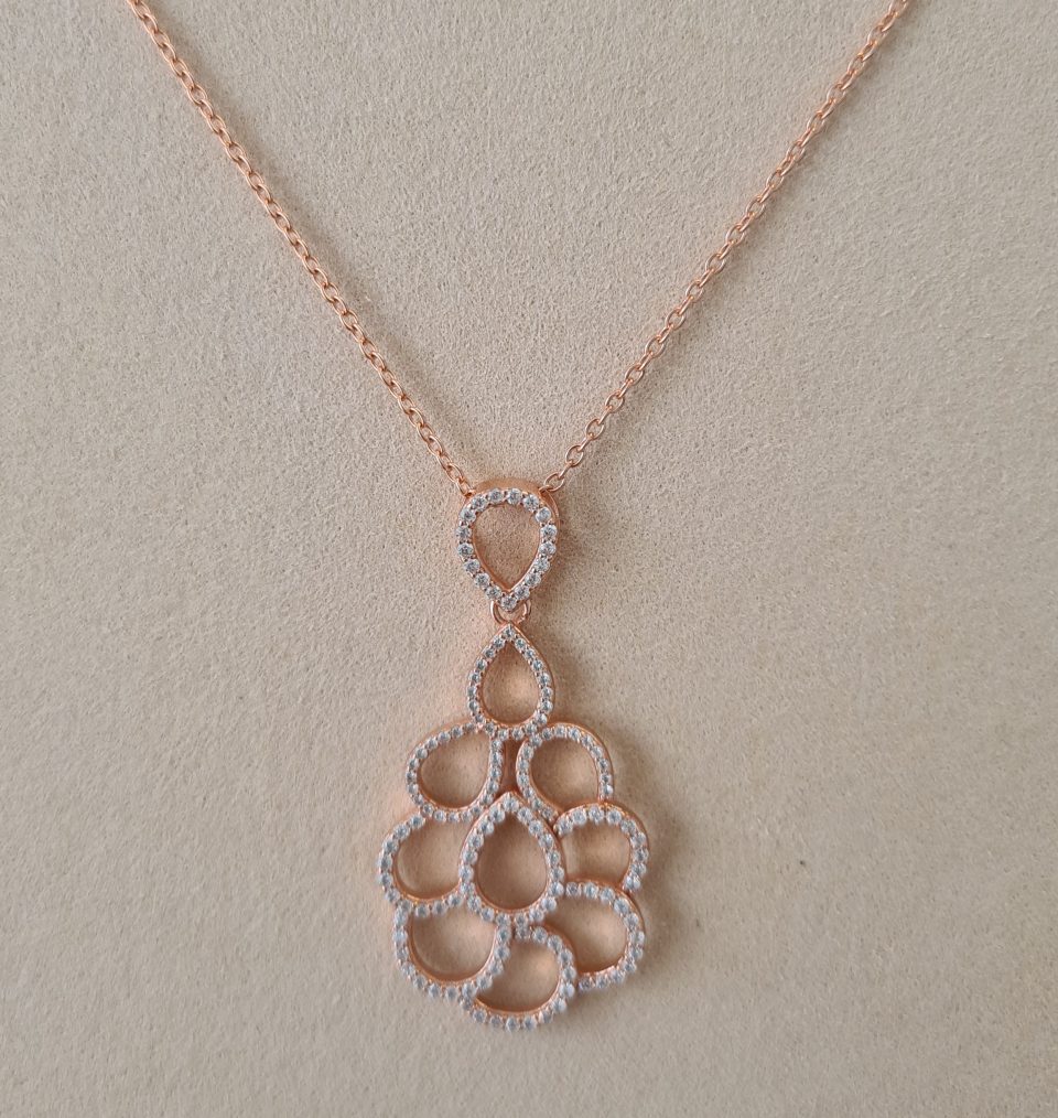 Rose Gold Plated Flower Drop Necklace With White Stones