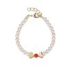 Baby Bracelet Gold Plated with White and Red Shell Pearls and Two Gold Plated Heart