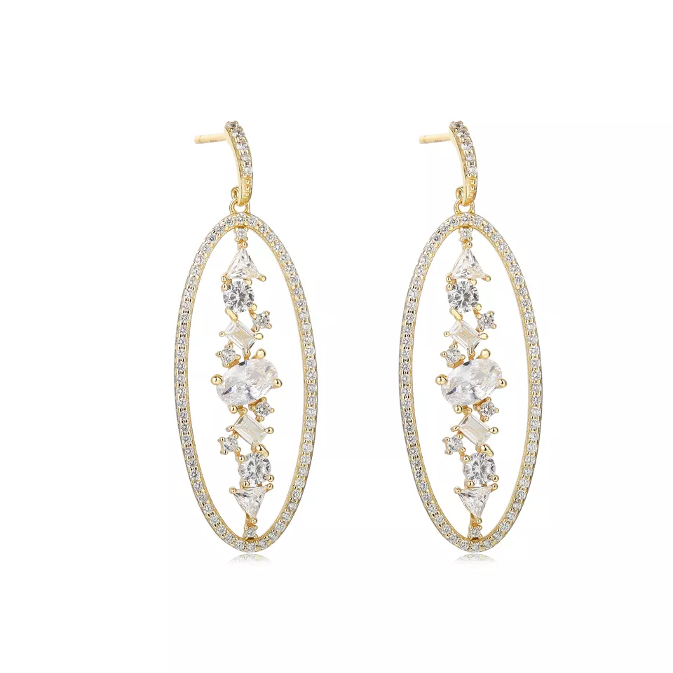 Gold Plated Oval Drop Earrings With White Stones