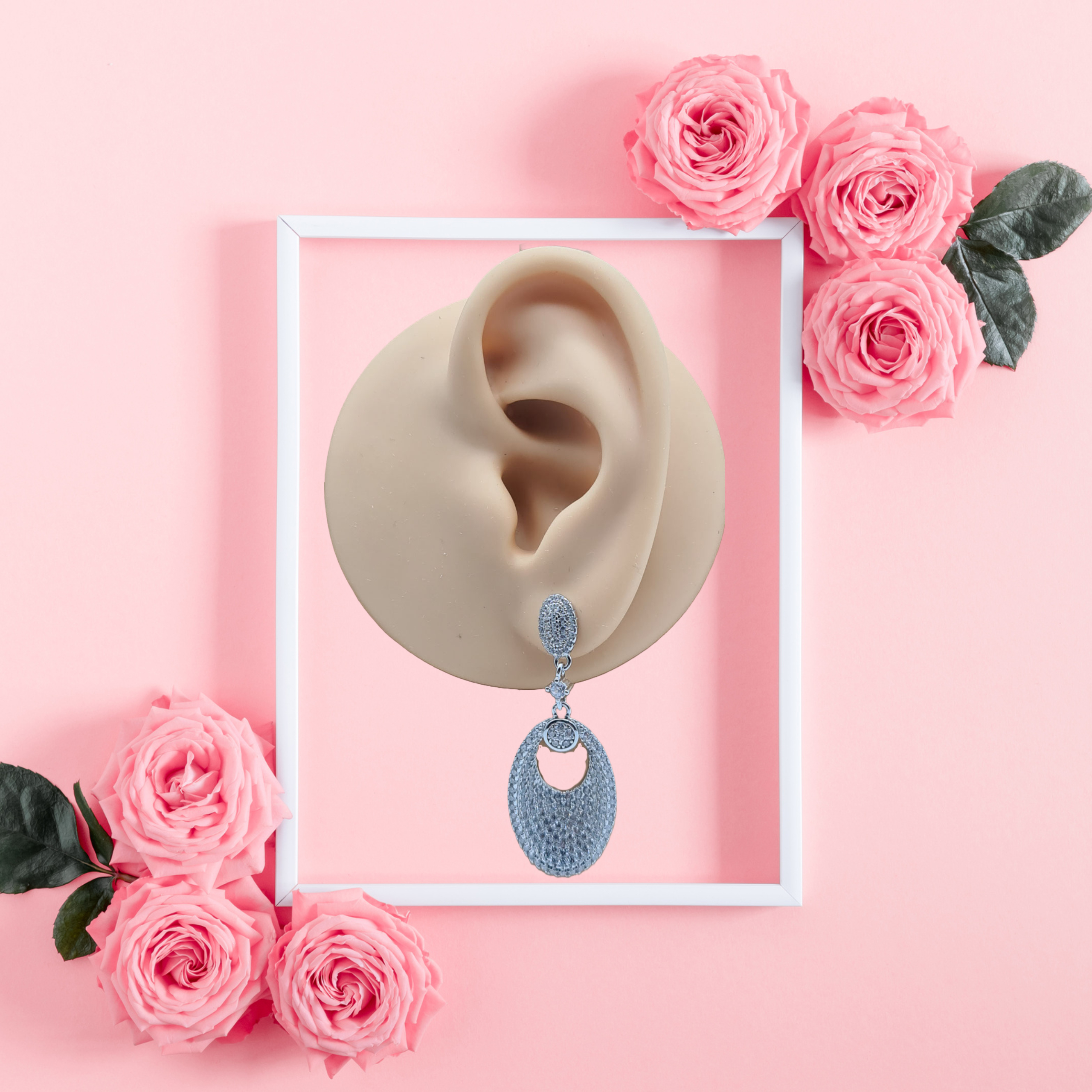 Rhodium Plated Oval Drop Earrings