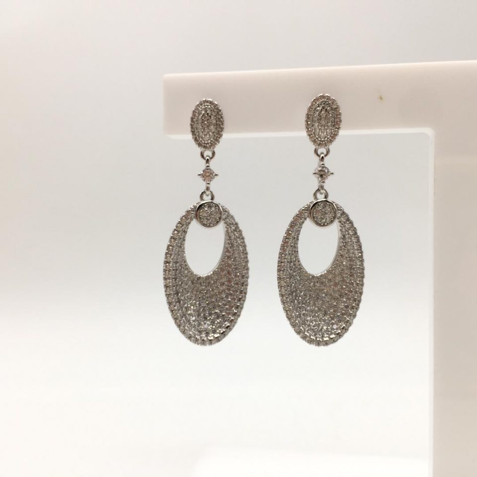Rhodium Plated Oval Drop Earrings With White Stones