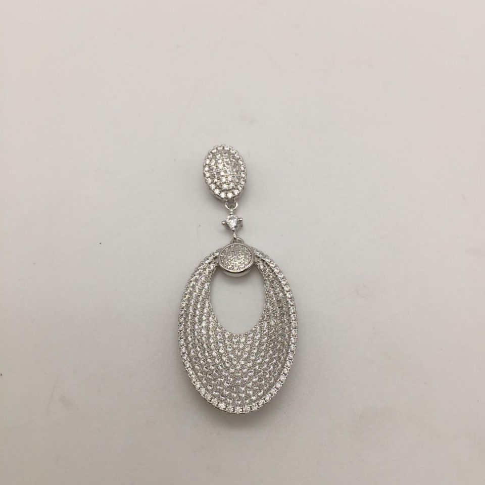 Rhodium Plated Oval Drop Necklace With White Stones