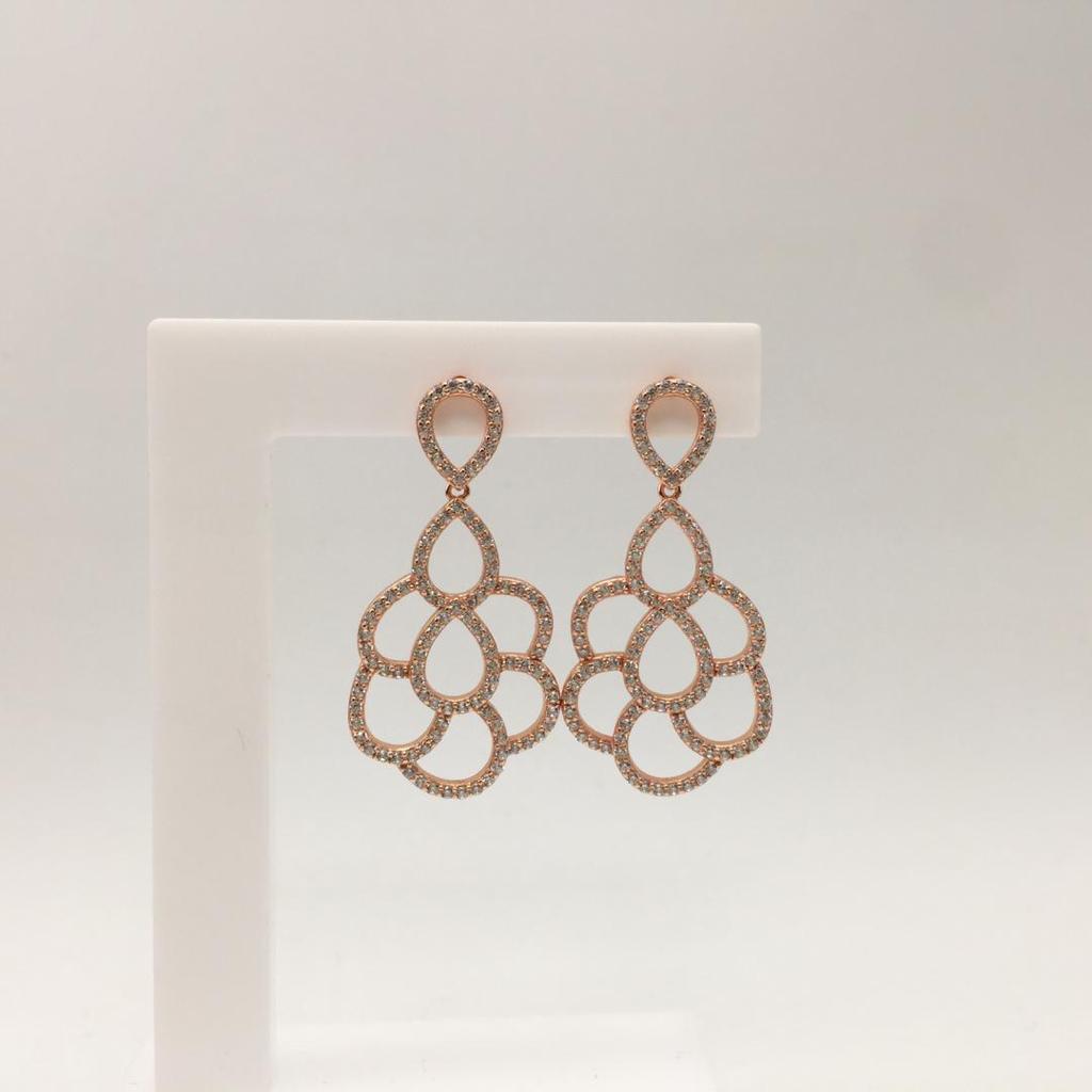 Rose Gold Plated Flower Drop Earrings With White Stones
