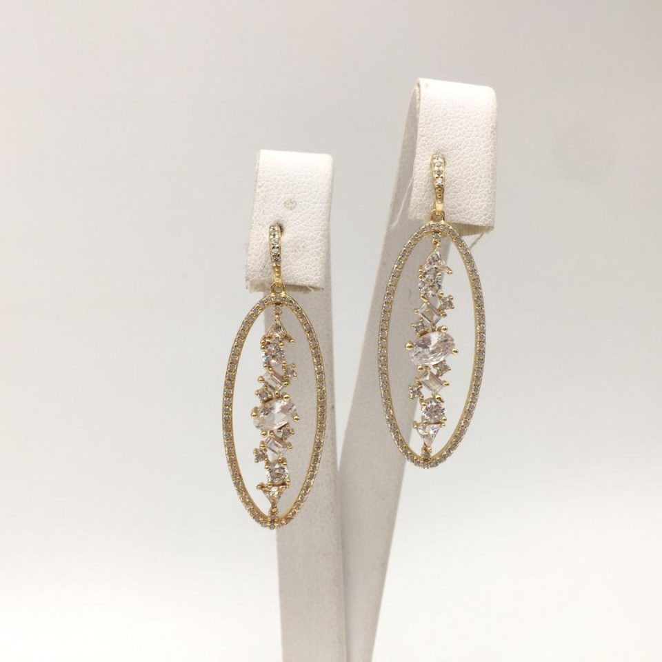 Gold Plated Oval Drop Earrings With White Stones
