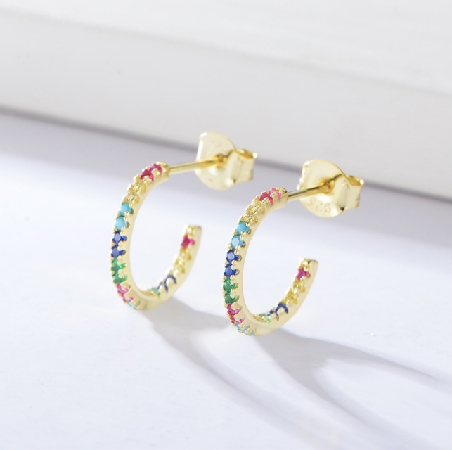 Hoop Sterling Silver Earring with Coloured Zirconia Stones Plated in Gold hoop earrings