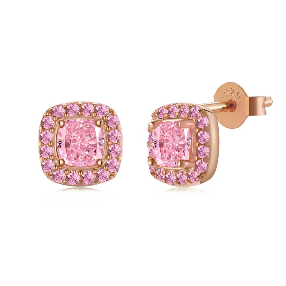 Elegant Rose Gold-Plated 925 Sterling Silver Princess-Cut Pink Halo Stud Earrings