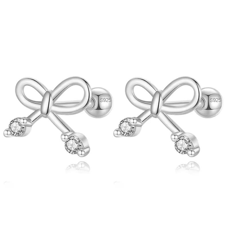 Silver Plated Sterling Silver Bowknot Screw Stud Earrings For Women Wedding Valentine's Day Fine Fashion Jewellery