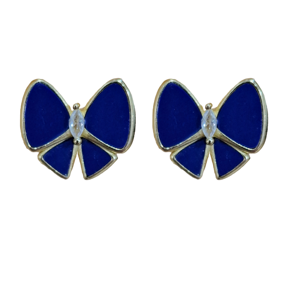 Silver Gold-Plated Blue Enamel Bow Stud Earrings – Elegant Butterfly Design with Crystal Accent