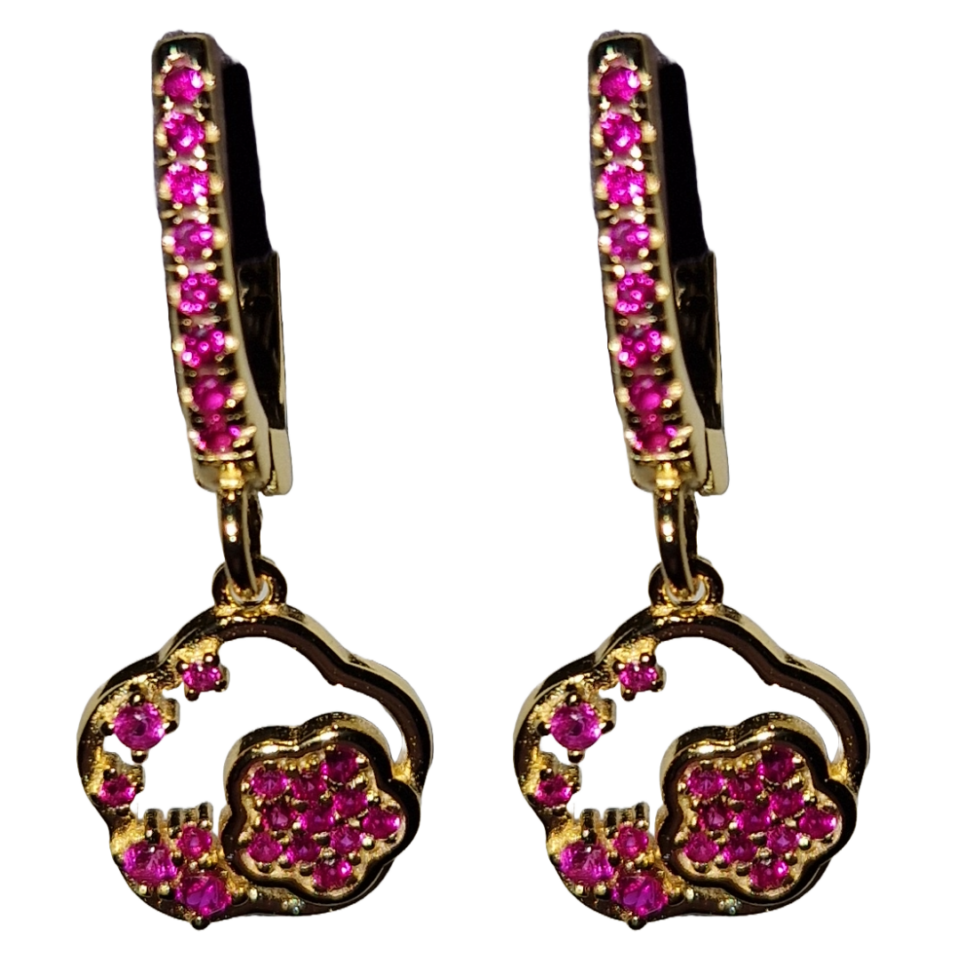 Gold-plated floral earrings with pink stones