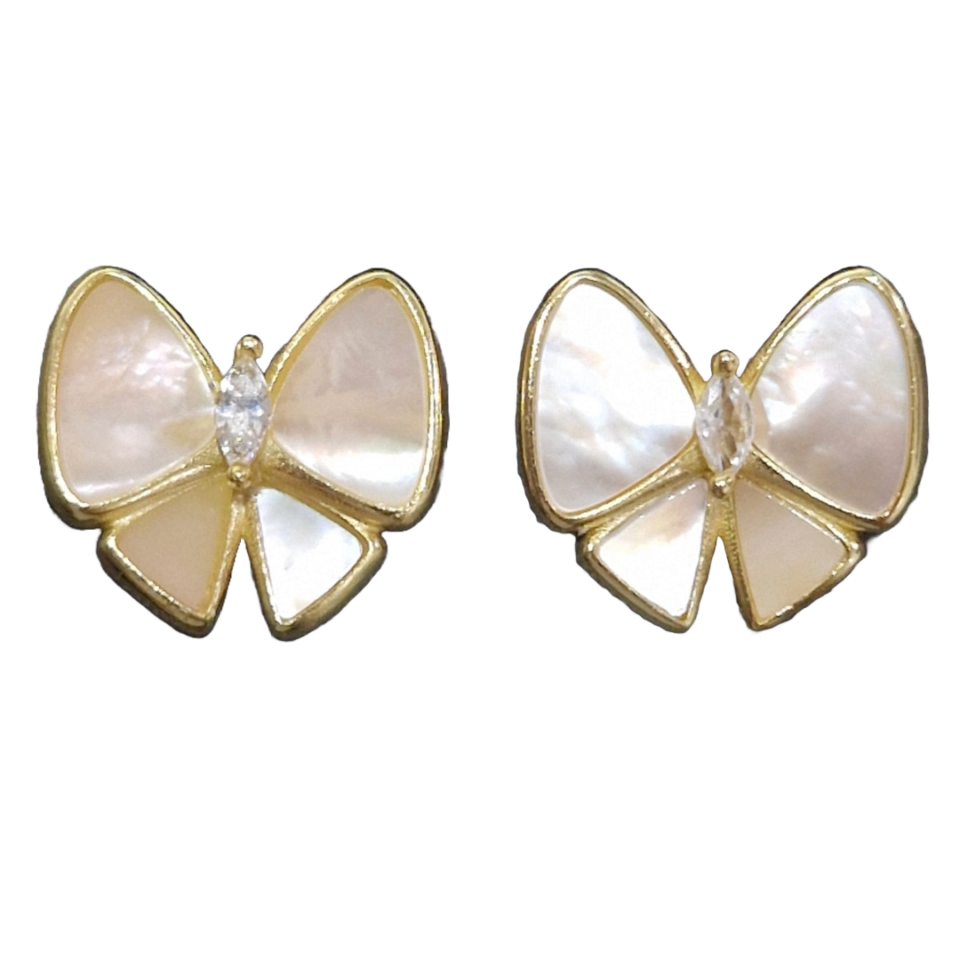 Silver Gold-Plated Pearl White Enamel Bow Stud