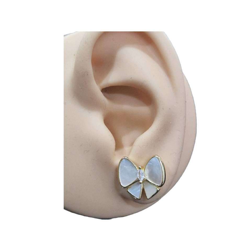 Silver Gold-Plated Pearl White Enamel Bow Stud