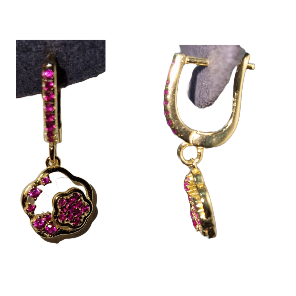 Gold-Plated Silver Floral Hoop Earrings with Pink CZ Stones – Elegant & Chic